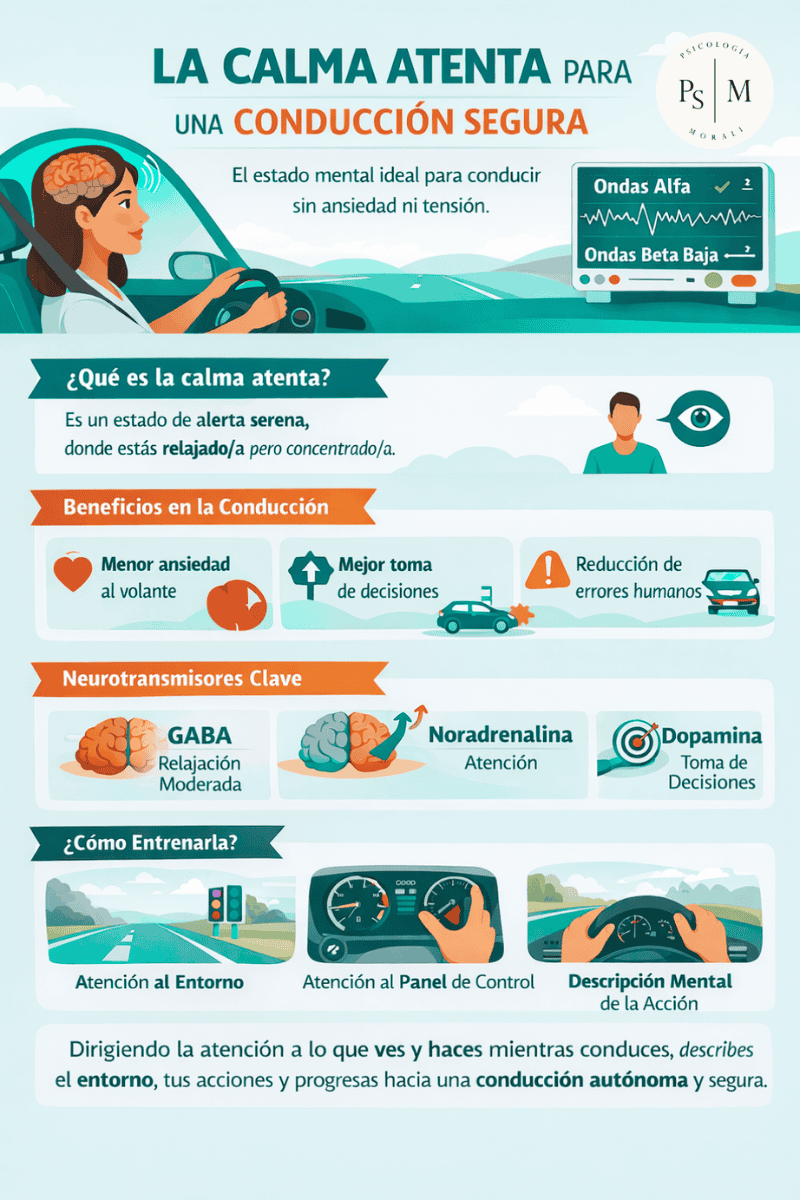 Infografía sobre la calma atenta: beneficios para conducción segura, ondas cerebrales alfa y beta, neurotransmisores como GABA y noradrenalina, y consejos para entrenar la atención al volante